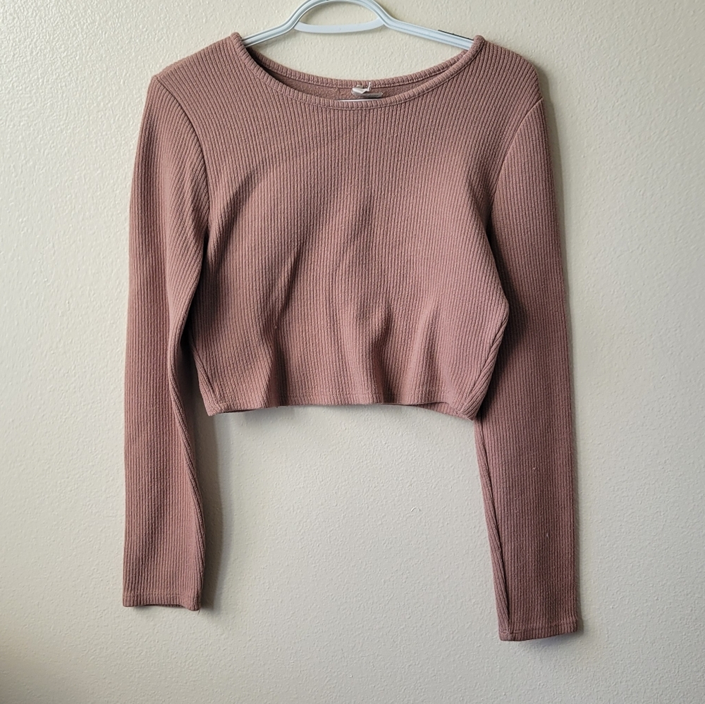Bozolo Ribbed Cropped Long Sleeve Sweater Women's Large Mauve Pink Stretch